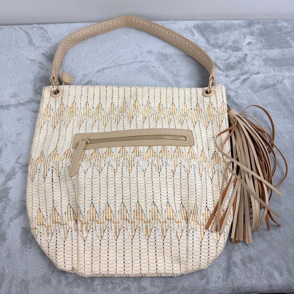 Sondra Roberts Squared Straw Hobo Bag Beige Gold Tassel Shoulder Bag